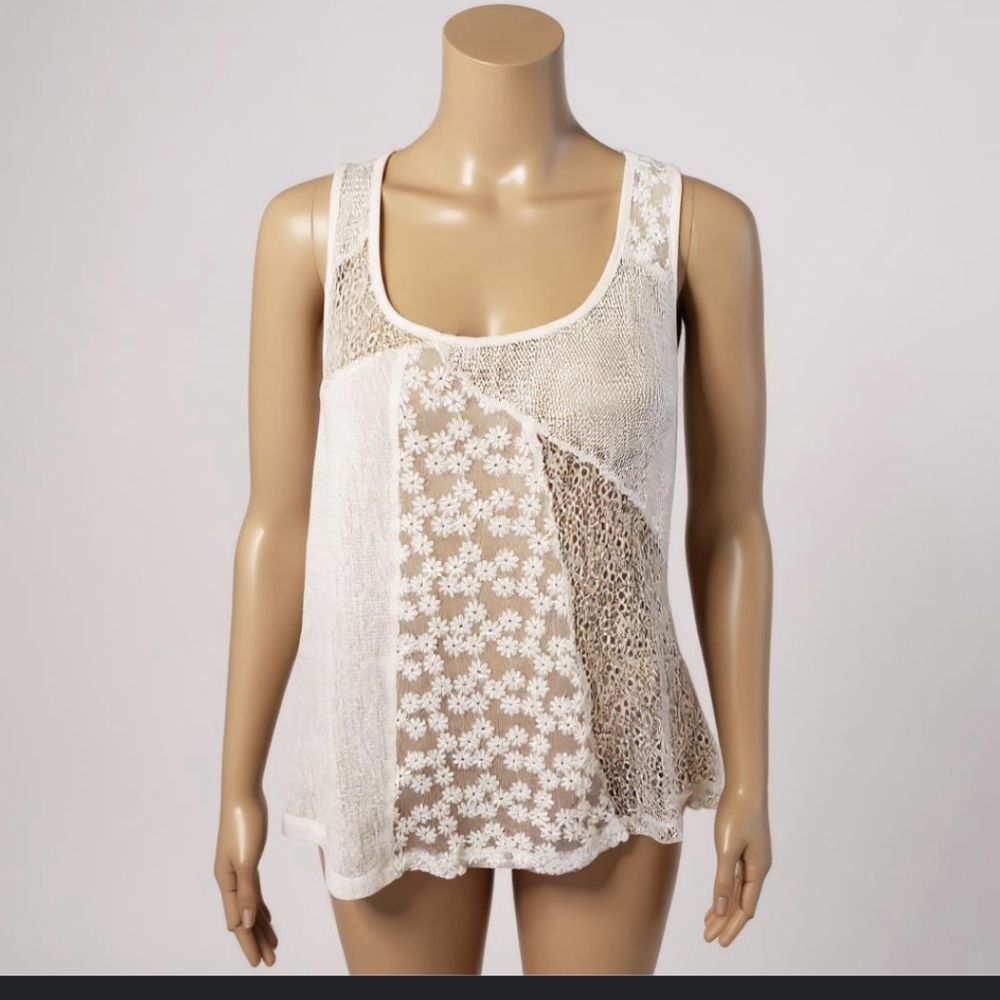 Mystree Off White Semi Sheer Floral Sleeveless Top